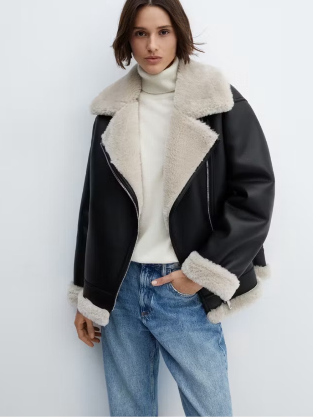 MANGO Black Faux-Shearling Aviator Jacket